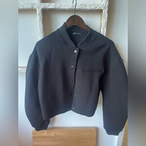 Zara Black Varsity Jacket with Cropped Length and Voluminous Sleeves